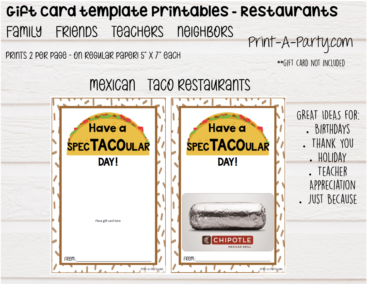 GIFT CARD Templates | Restaurants | Whataburger | Red Lobster | Pasta | Tacos | Coffee | Starbucks and more  - INSTANT DOWNLOAD - Use each year!