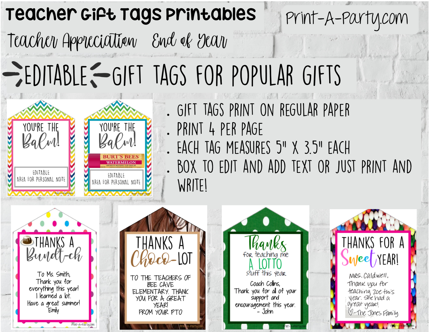 GIFT TAGS | Appreciation | Gifts | Back To School: *EDITABLE* Gift Tags for Teachers | Bundt Cake | Chocolate | Lip Balm | Lottery | Sweet Treat |  - INSTANT DOWNLOAD - Use each year!