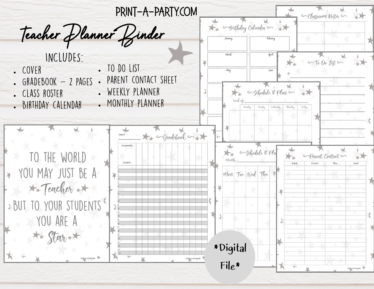 PLANNER: Teacher Planner | Gradebook | Binder Pages | Gray Stars Design