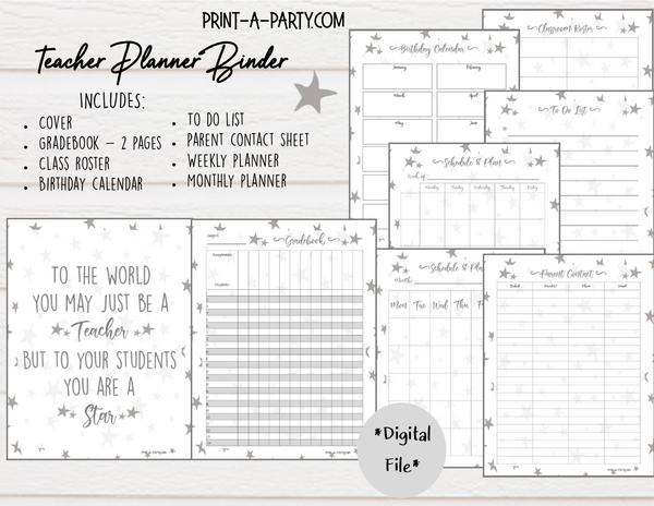PLANNER: Teacher Planner | Gradebook | Binder Pages | Gray Stars Design