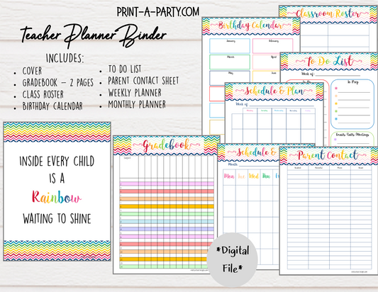 PLANNER: Teacher Planner | Gradebook | Binder Pages | Rainbow Chevron