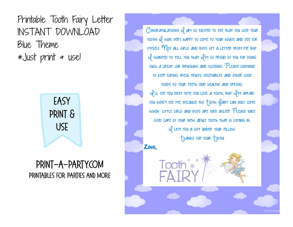 Tooth Fairy Letter (Blue) - INSTANT DOWNLOAD PRINTABLE