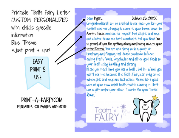 Printable Tooth Fairy Letter (Blue) - CUSTOM PERSONALIZATION