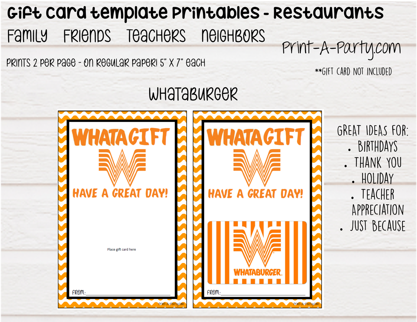 GIFT CARD Templates | Restaurants | Whataburger | Red Lobster | Pasta | Tacos | Coffee | Starbucks and more  - INSTANT DOWNLOAD - Use each year!