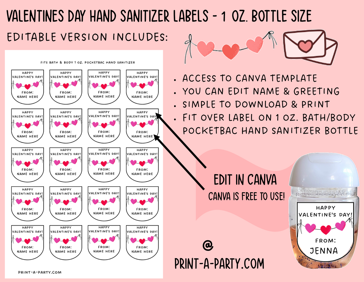 DIY Valentines | HAND SANITIZER LABELS | Printable or Editable | Valentine's Day Hand Sanitizers