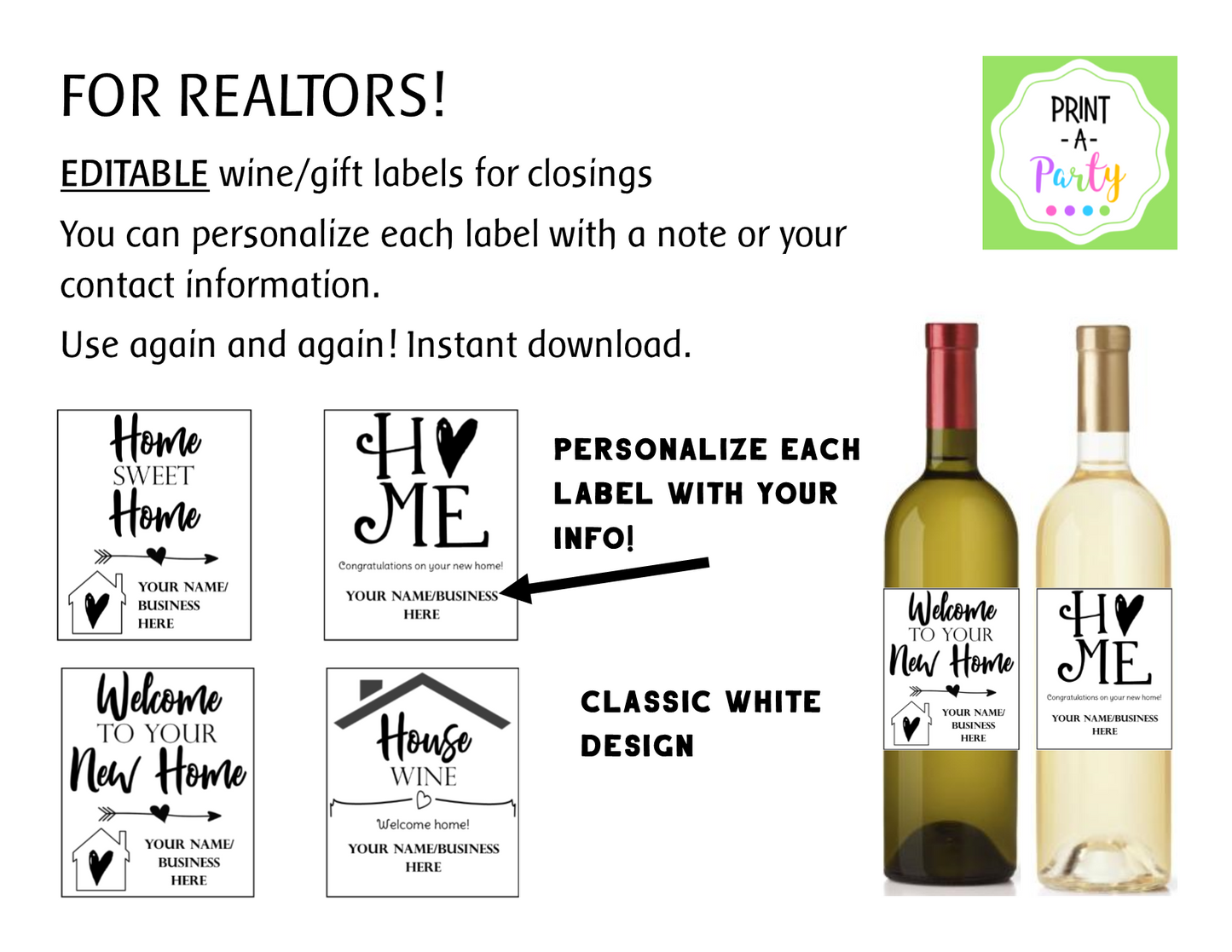 WINE LABELS: Realtors | Real Estate Closing Gift Wine or Gift Labels - Editable - INSTANT DOWNLOAD