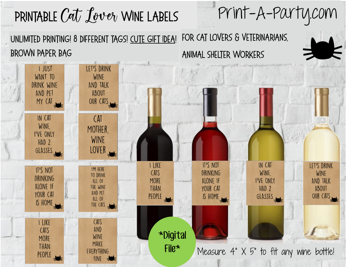 WINE LABELS: Animals | Cat Lovers Wine (8) | Cat Lovers | Veterinarians | Altbash Party | Pet Adoption Party - INSTANT DOWNLOAD