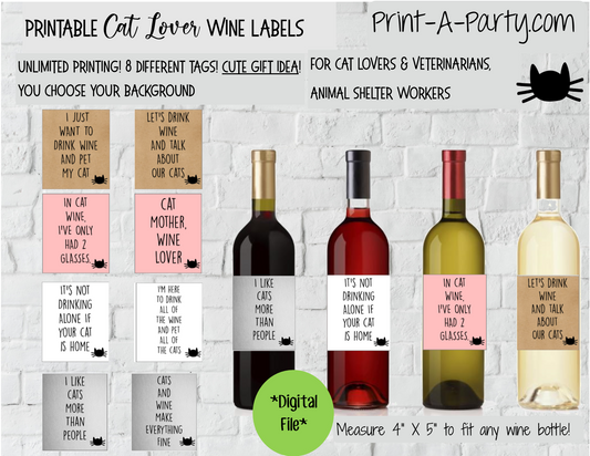 WINE LABELS: Animals | Cat Lovers Wine (8) | Cat Lovers | Veterinarians | Altbash Party | Pet Adoption Party - INSTANT DOWNLOAD