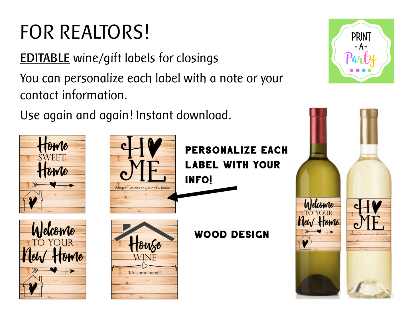 WINE LABELS: Realtors | Real Estate Closing Gift Wine or Gift Labels - Editable - INSTANT DOWNLOAD