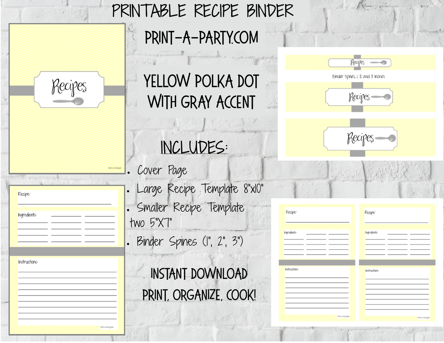 RECIPE BINDER KIT: Polka Dots Theme - INSTANT DOWNLOAD