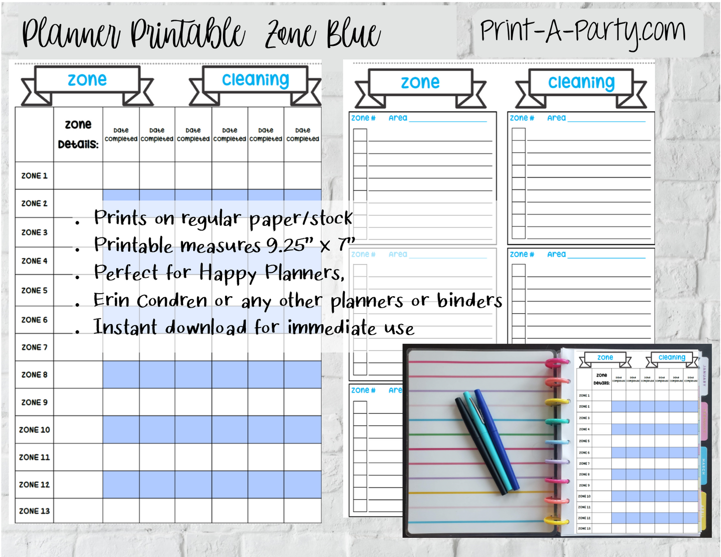 Cleaning: Zone Cleaning Checklist Page | Planner Weekly Checklist | Classic Happy Planner | Planner Printable