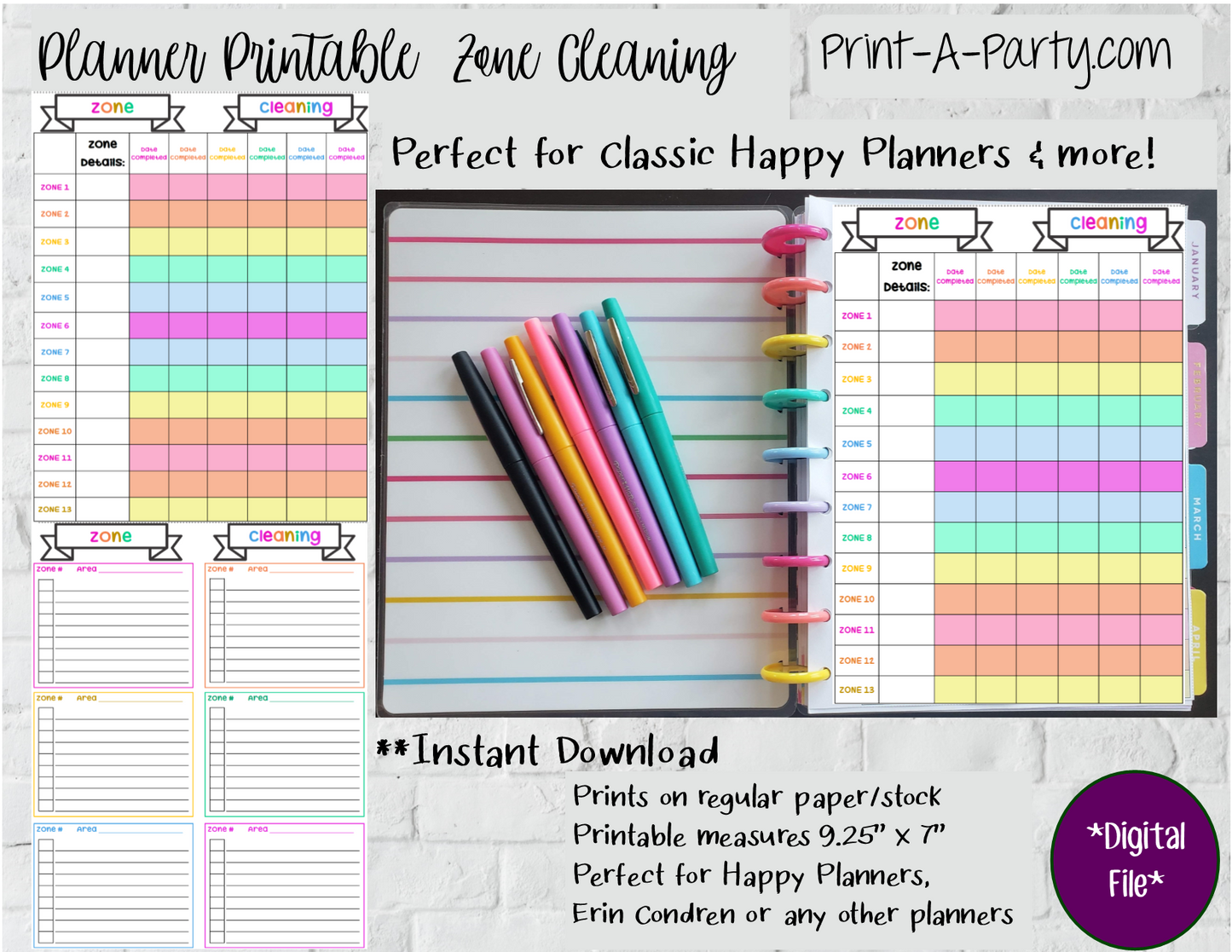 Cleaning: Zone Cleaning Checklist Page | Planner Weekly Checklist | Classic Happy Planner | Planner Printable