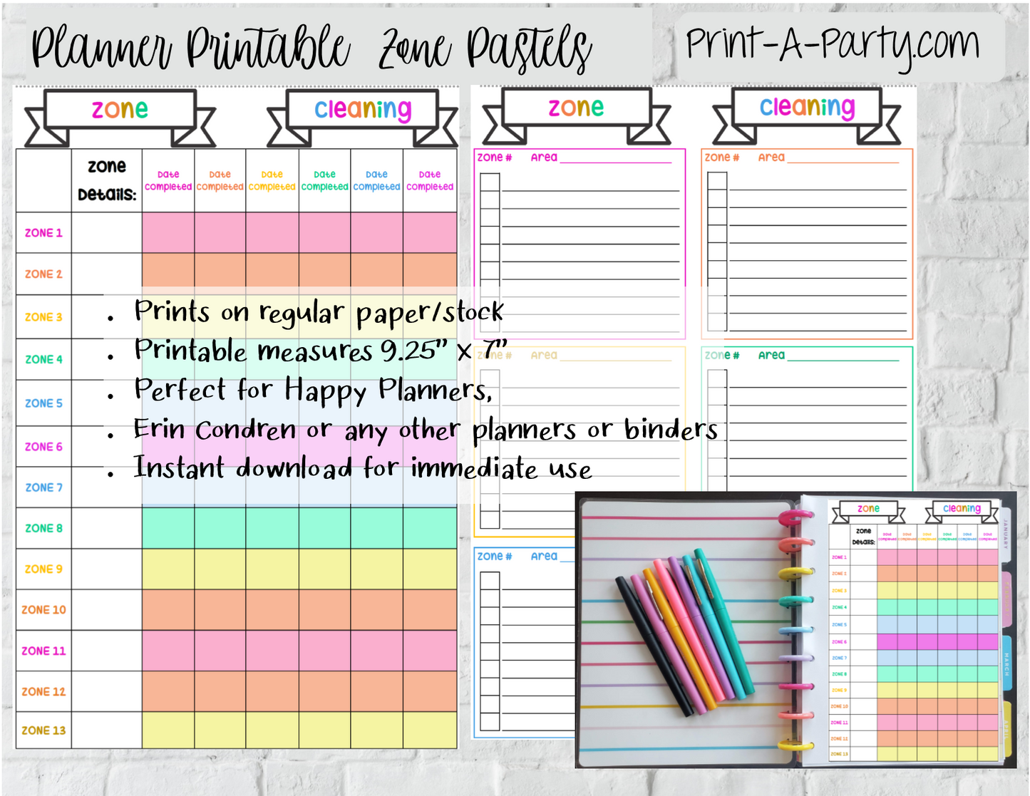 Cleaning: Zone Cleaning Checklist Page | Planner Weekly Checklist | Classic Happy Planner | Planner Printable