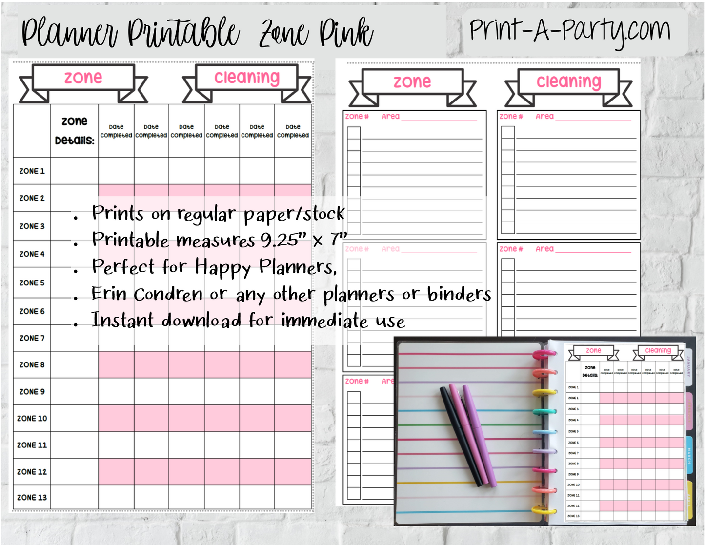 Cleaning: Zone Cleaning Checklist Page | Planner Weekly Checklist | Classic Happy Planner | Planner Printable