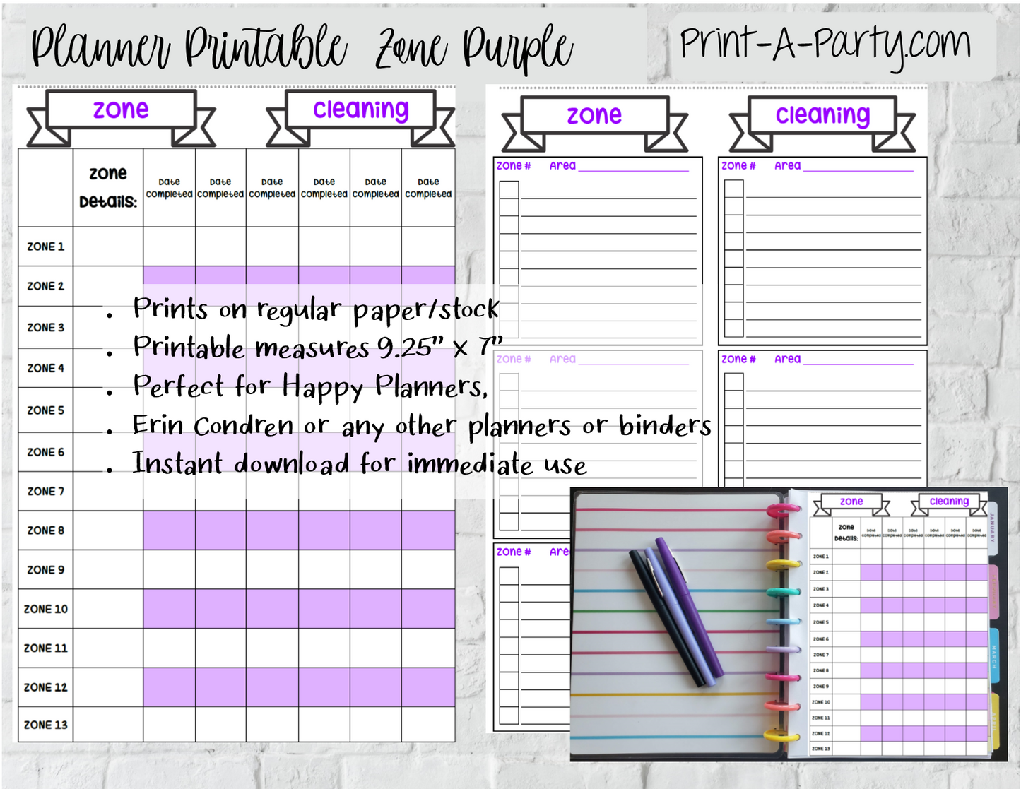 Cleaning: Zone Cleaning Checklist Page | Planner Weekly Checklist | Classic Happy Planner | Planner Printable