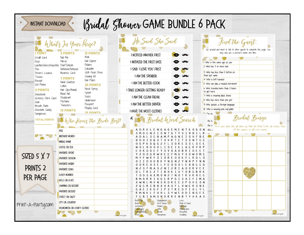 GAME BUNDLE: Bridal Shower Game Bundle 6 Pack | Gold Bridal Wedding Shower Theme | INSTANT DOWNLOAD