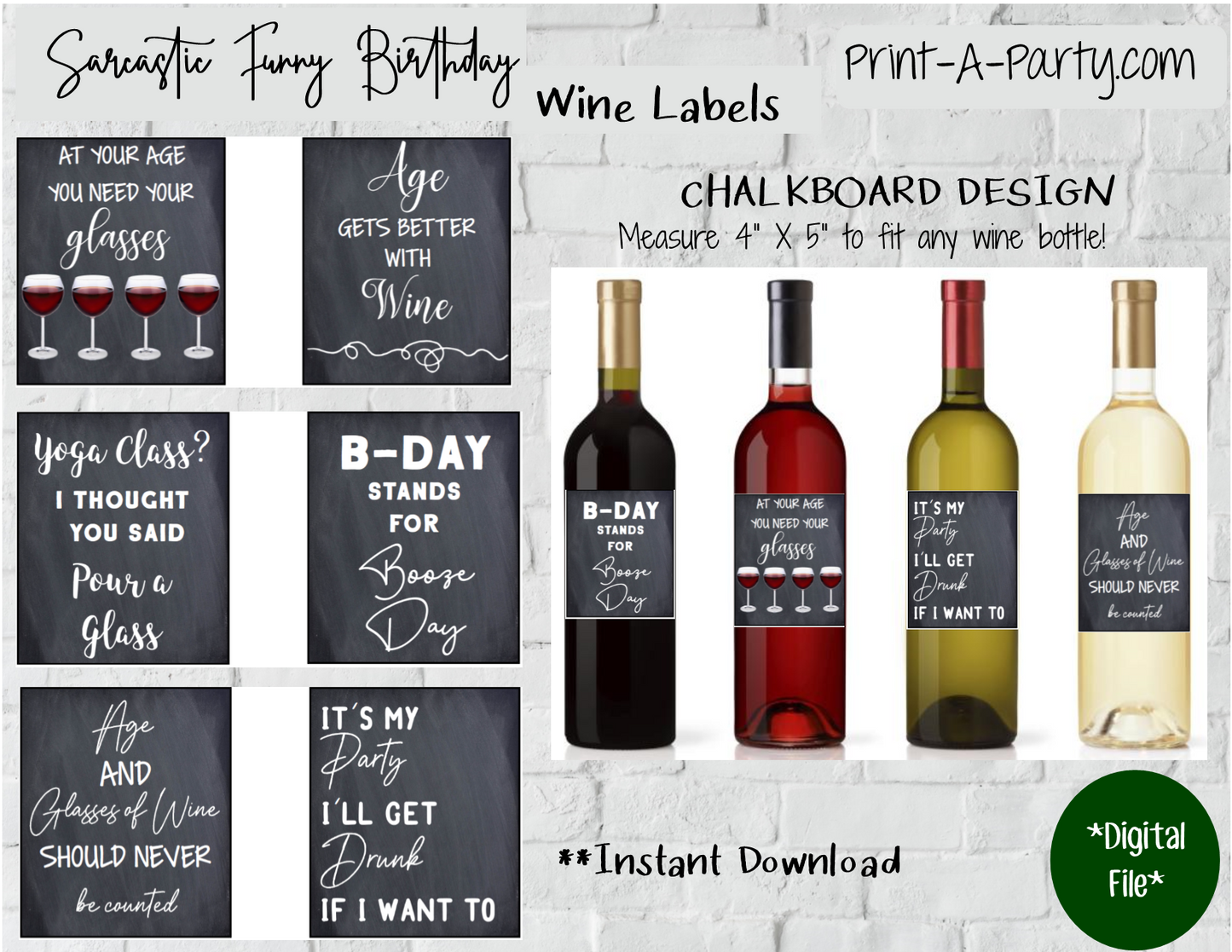 WINE LABELS: Birthday | Girlfriends | Friends | Sarcastic Funny Birthday Wine (6) - INSTANT DOWNLOAD - Pick your design